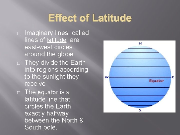 Effect of Latitude � � � Imaginary lines, called lines of latitude, are east-west