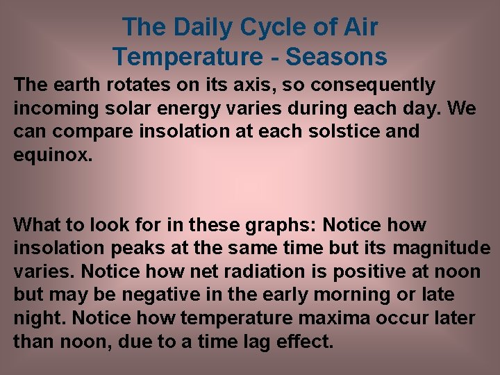 The Daily Cycle of Air Temperature - Seasons The earth rotates on its axis,