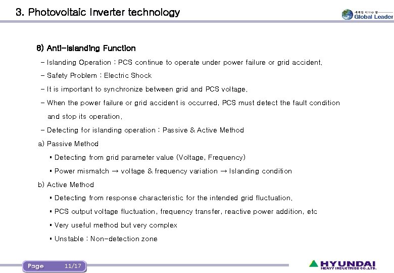 3. Photovoltaic Inverter technology 8) Anti-Islanding Function - Islanding Operation : PCS continue to