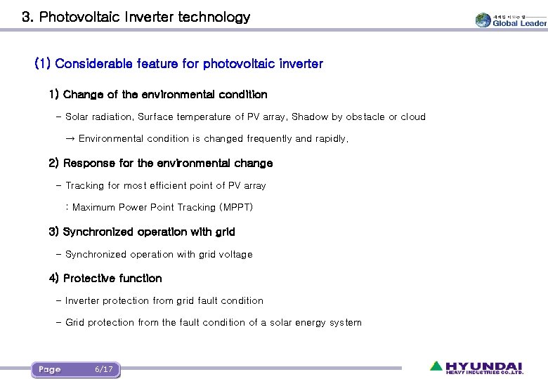 3. Photovoltaic Inverter technology (1) Considerable feature for photovoltaic inverter 1) Change of the