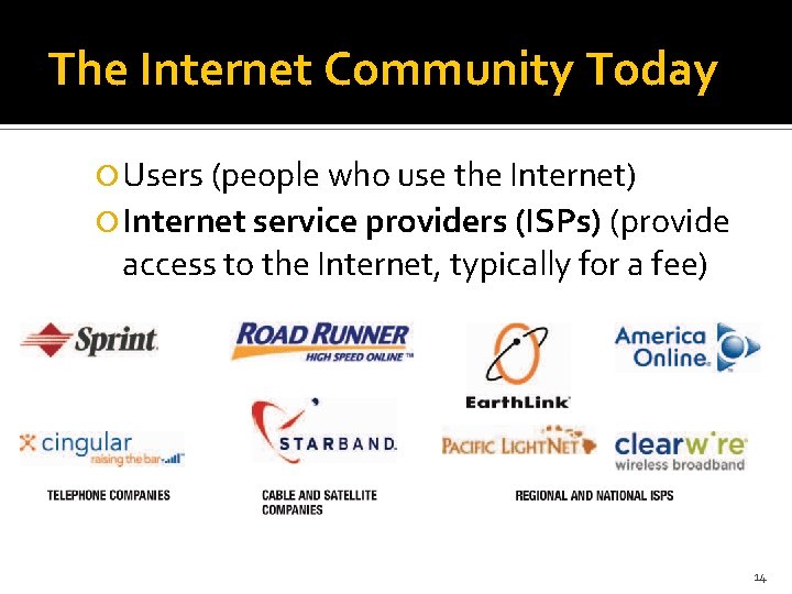The Internet Community Today Users (people who use the Internet) Internet service providers (ISPs)