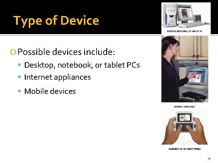 Type of Device Possible devices include: Desktop, notebook, or tablet PCs Internet appliances Mobile