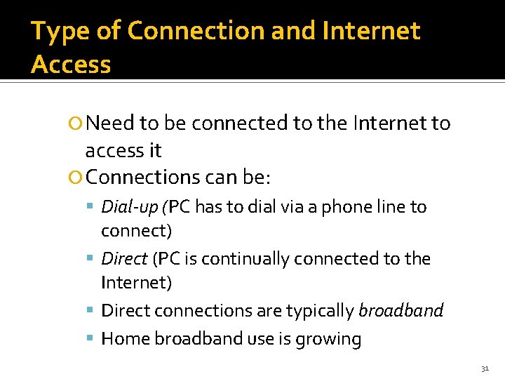 Type of Connection and Internet Access Need to be connected to the Internet to