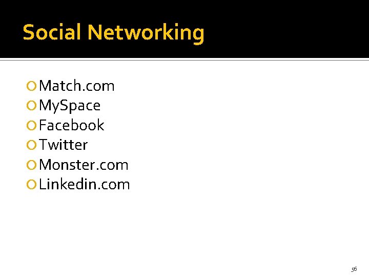 Social Networking Match. com My. Space Facebook Twitter Monster. com Linkedin. com 56 