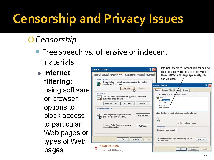 Censorship and Privacy Issues Censorship Free speech vs. offensive or indecent materials l Internet