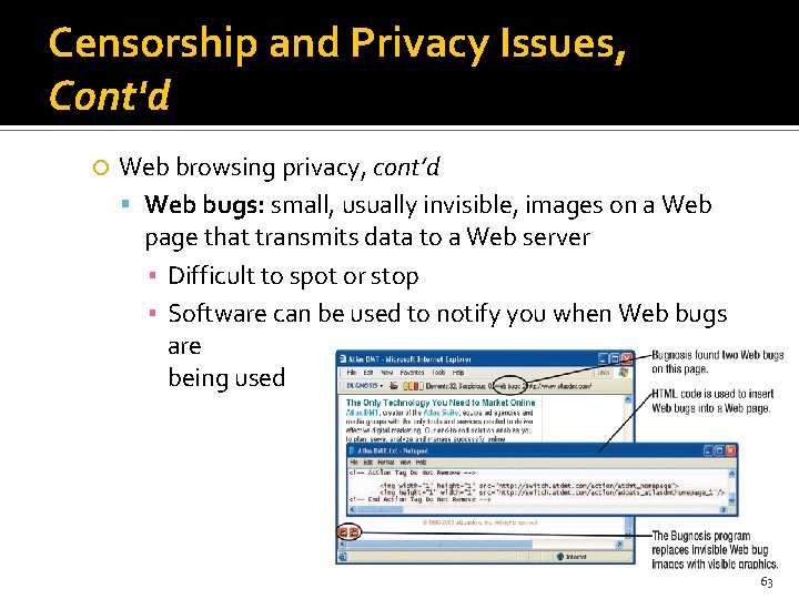 Censorship and Privacy Issues, Cont'd Web browsing privacy, cont’d Web bugs: small, usually invisible,