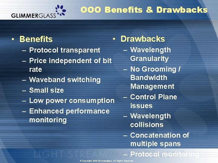 OOO Benefits & Drawbacks • Benefits • Drawbacks – Protocol transparent – Price independent