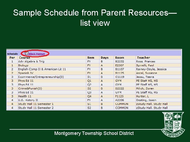 Sample Schedule from Parent Resources— list view Montgomery Township School District 