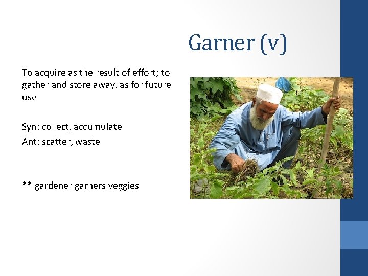 Garner (v) To acquire as the result of effort; to gather and store away, Garner (v) To acquire as the result of effort; to gather and store away,