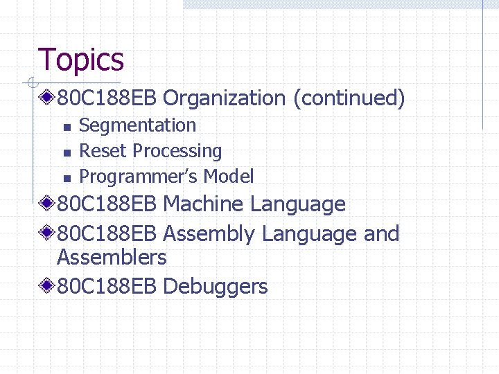 Topics 80 C 188 EB Organization (continued) n n n Segmentation Reset Processing Programmer’s