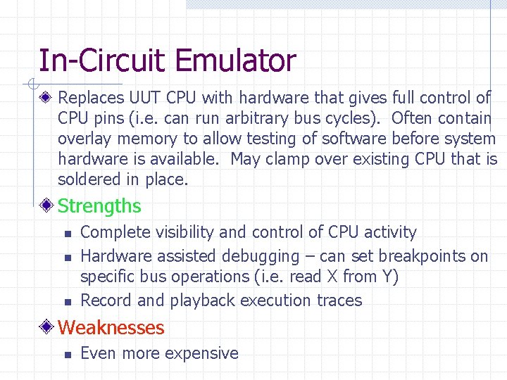 In-Circuit Emulator Replaces UUT CPU with hardware that gives full control of CPU pins