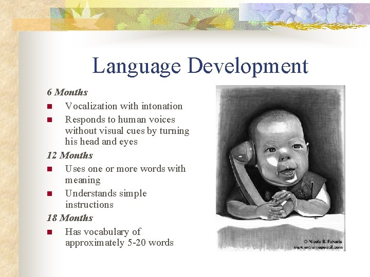 Language Development 6 Months n Vocalization with intonation n Responds to human voices without