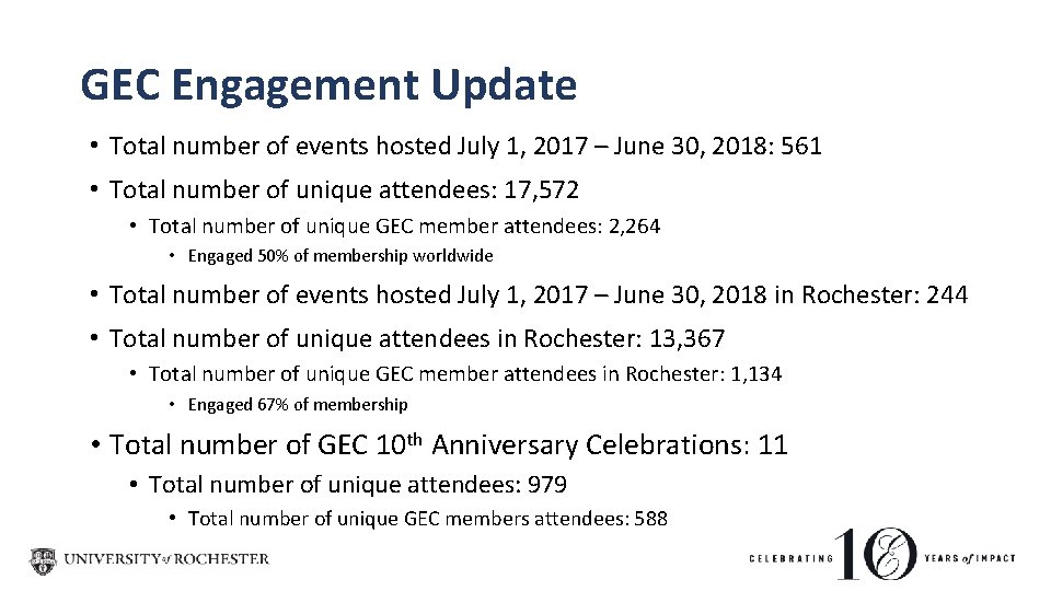 GEC Engagement Update • Total number of events hosted July 1, 2017 – June