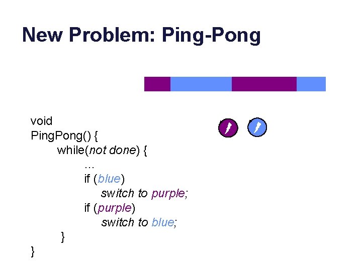 New Problem: Ping-Pong void Ping. Pong() { while(not done) { … if (blue) switch