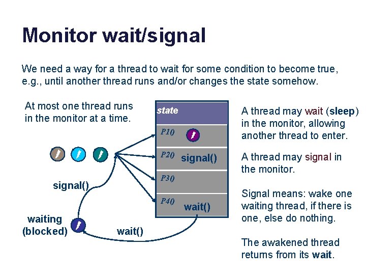 Monitor wait/signal We need a way for a thread to wait for some condition