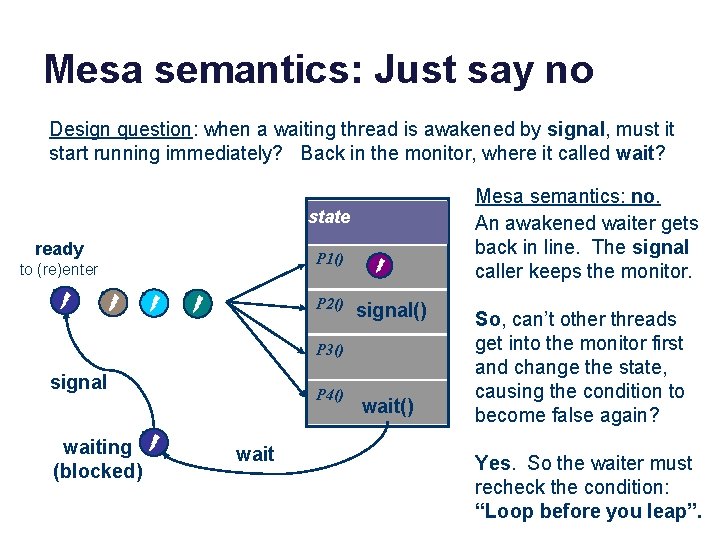 Mesa semantics: Just say no Design question: when a waiting thread is awakened by