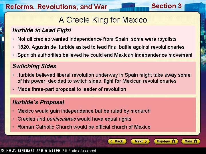 Reforms, Revolutions, and War Section 3 A Creole King for Mexico Iturbide to Lead