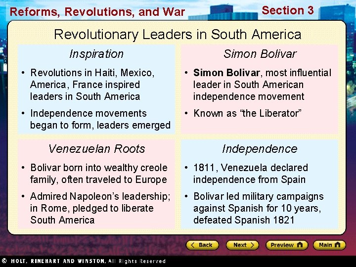 Reforms, Revolutions, and War Section 3 Revolutionary Leaders in South America Inspiration Simon Bolivar