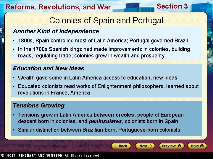 Reforms, Revolutions, and War Section 3 Colonies of Spain and Portugal Another Kind of