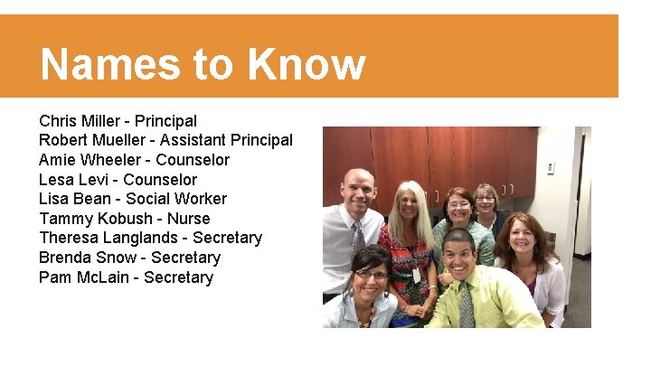 Names to Know Chris Miller - Principal Robert Mueller - Assistant Principal Amie Wheeler