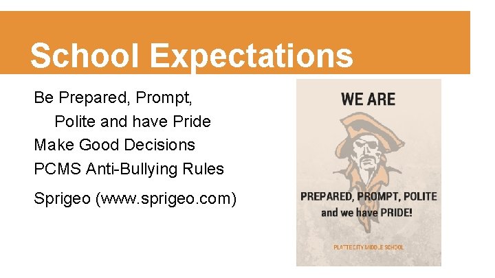 School Expectations Be Prepared, Prompt, Polite and have Pride Make Good Decisions PCMS Anti-Bullying