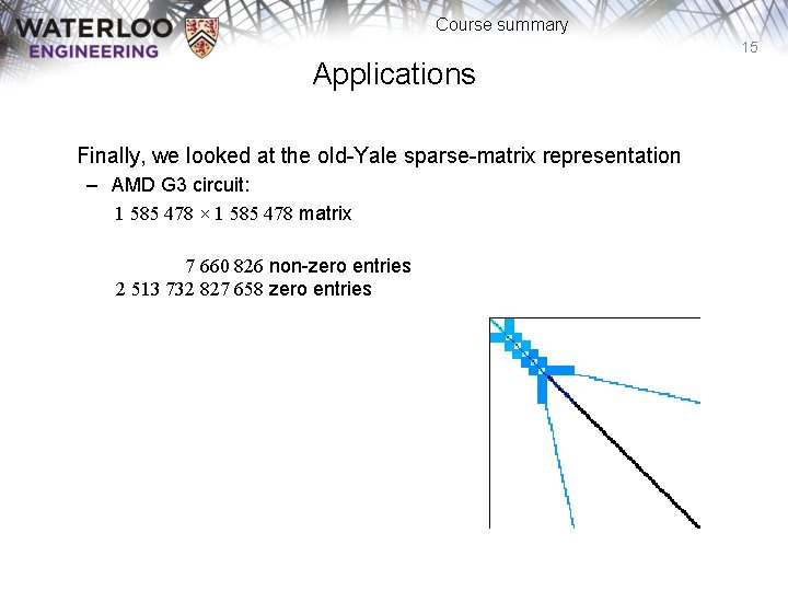 Course summary 15 Applications Finally, we looked at the old-Yale sparse-matrix representation – AMD