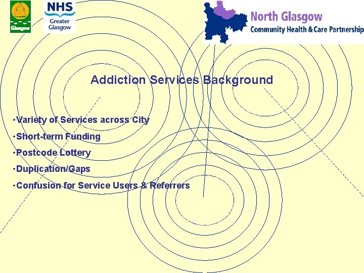 Addiction Services Background • Variety of Services across City • Short-term Funding • Postcode