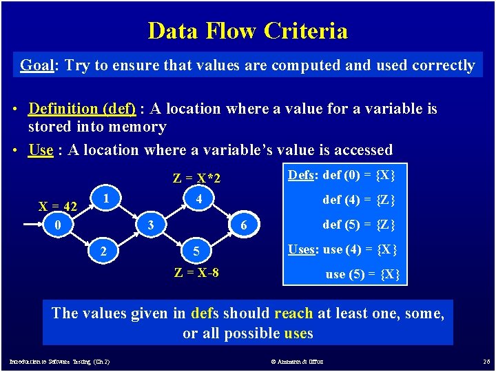 Data Flow Criteria Goal: Try to ensure that values are computed and used correctly