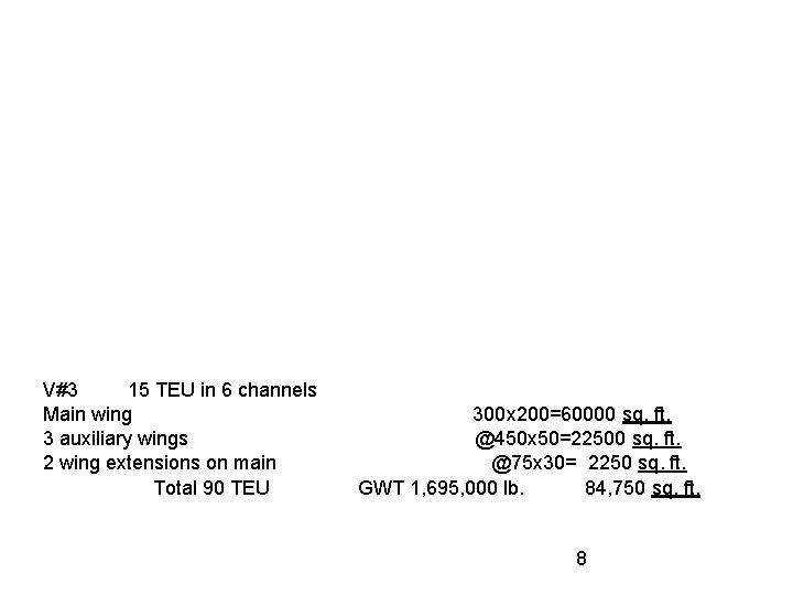  V#3 15 TEU in 6 channels Main wing 300 x 200=60000 sq. ft.