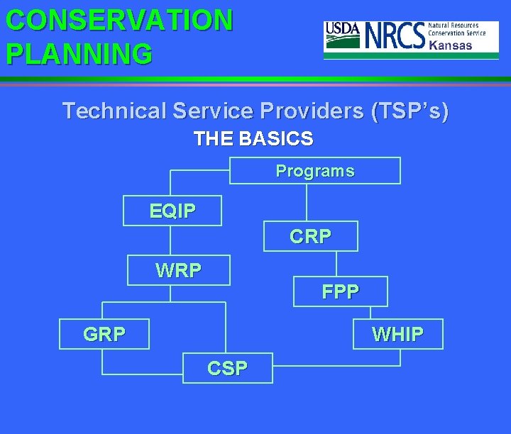 CONSERVATION PLANNING Technical Service Providers (TSP’s) THE BASICS Programs EQIP CRP WRP FPP GRP