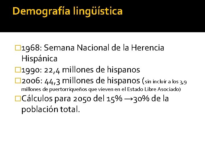 Demografía lingüística � 1968: Semana Nacional de la Herencia Hispánica � 1990: 22, 4