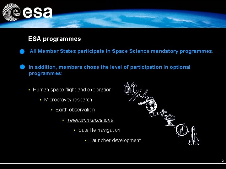 ESA programmes All Member States participate in Space Science mandatory programmes. In addition, members ESA programmes All Member States participate in Space Science mandatory programmes. In addition, members