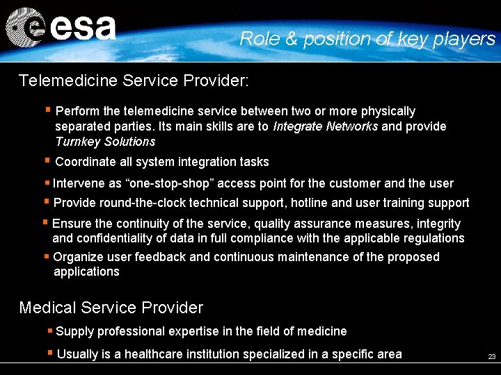 Role & position of key players Telemedicine Service Provider: Perform the telemedicine service between Role & position of key players Telemedicine Service Provider: Perform the telemedicine service between
