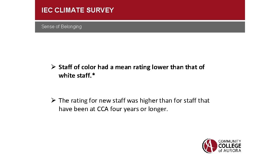 IEC CLIMATE SURVEY Sense of Belonging Staff of color had a mean rating lower