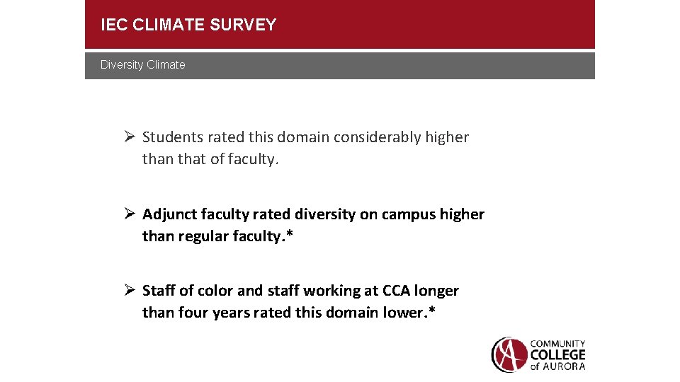 IEC CLIMATE SURVEY Diversity Climate Students rated this domain considerably higher than that of