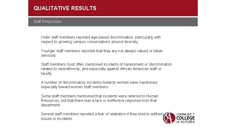QUALITATIVE RESULTS Staff Responses Older staff members reported age-based discrimination, particularly with respect to