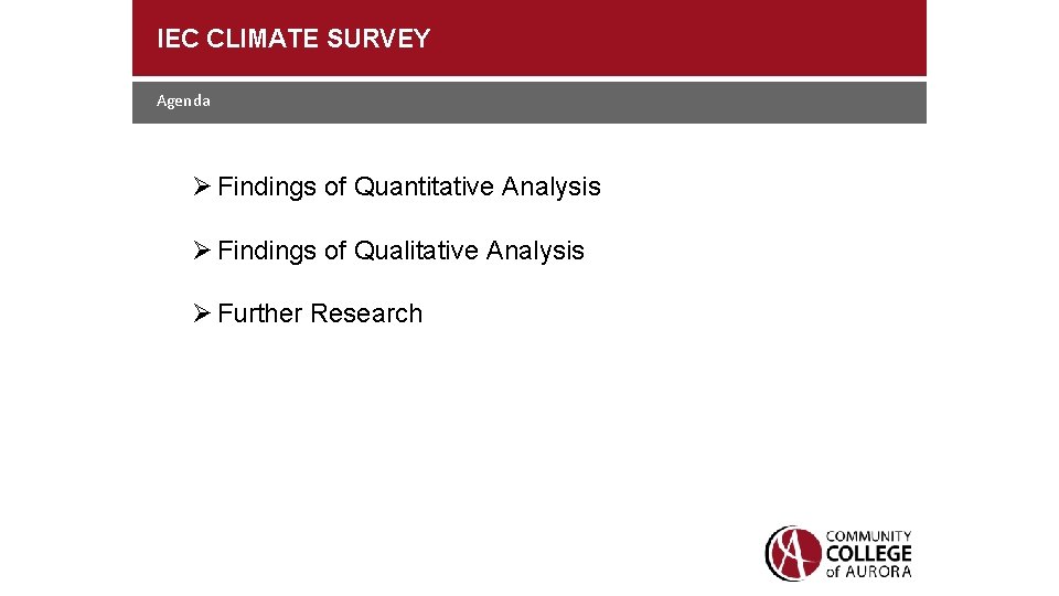 IEC CLIMATE SURVEY Agenda Findings of Quantitative Analysis Findings of Qualitative Analysis Further Research