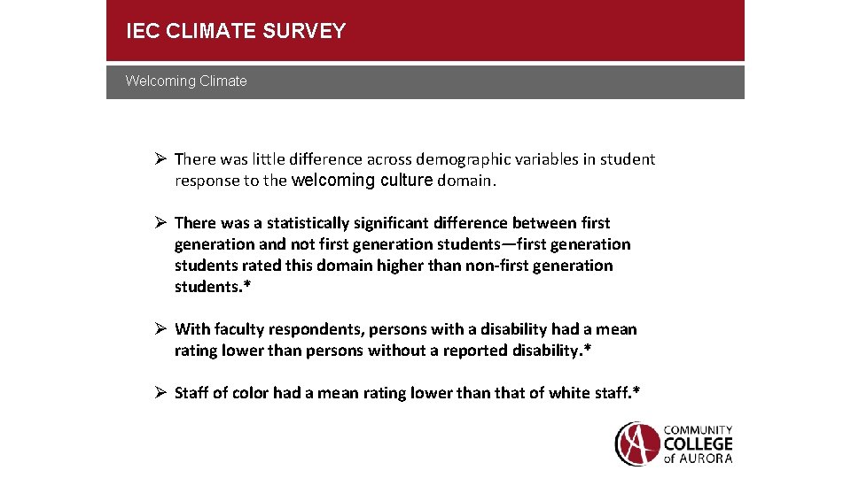 IEC CLIMATE SURVEY Welcoming Climate There was little difference across demographic variables in student