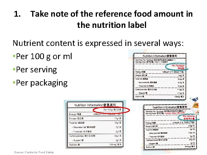 1. Take note of the reference food amount in the nutrition label Nutrient content