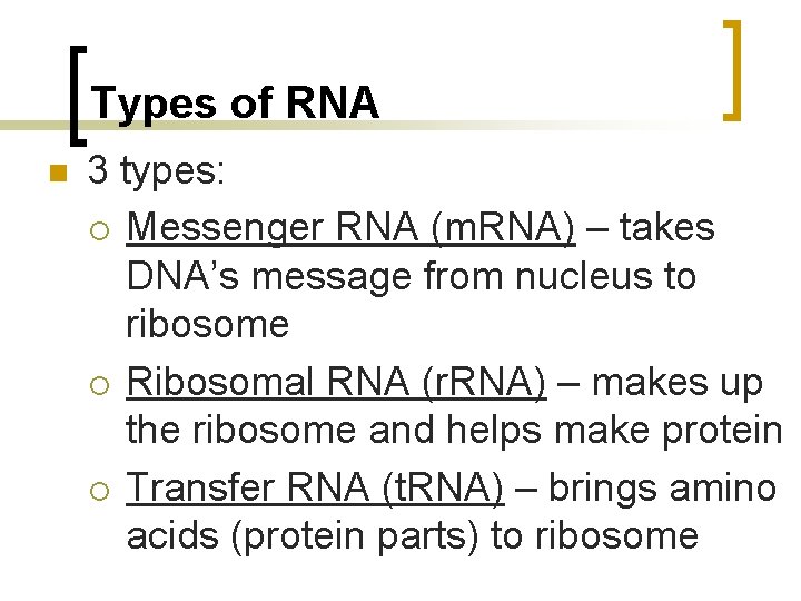 Types of RNA n 3 types: ¡ Messenger RNA (m. RNA) – takes DNA’s