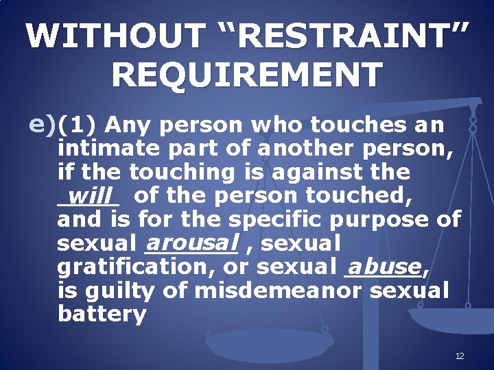 WITHOUT “RESTRAINT” REQUIREMENT e)(1) Any person who touches an intimate part of another person,