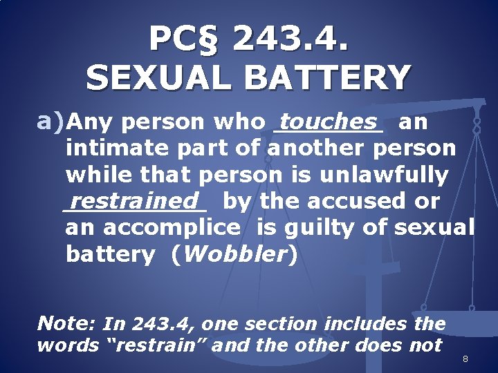 PC§ 243. 4. SEXUAL BATTERY a)Any person who _______ touches an intimate part of