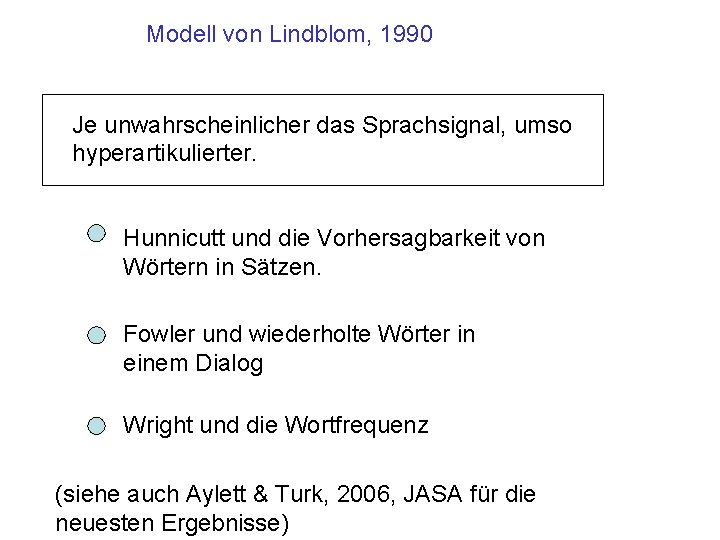 Modell von Lindblom, 1990 Je unwahrscheinlicher das Sprachsignal, umso hyperartikulierter. Hunnicutt und die Vorhersagbarkeit