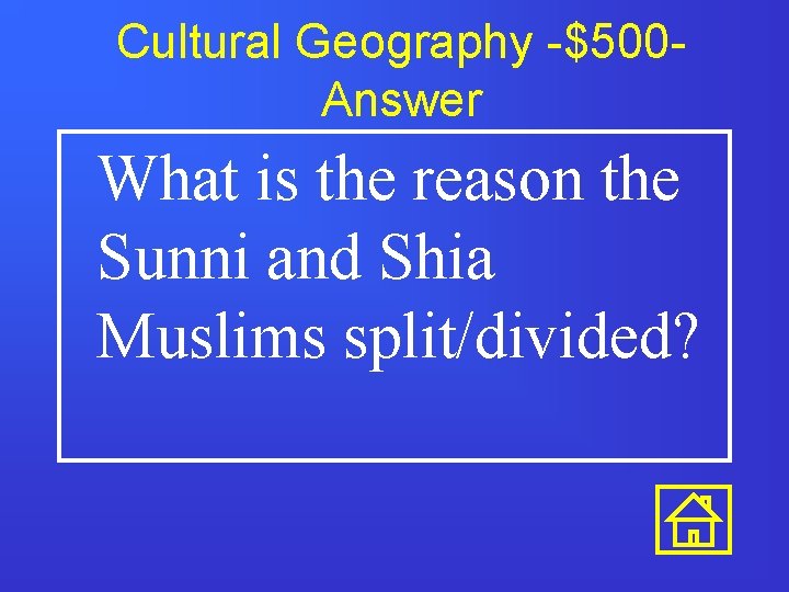 Cultural Geography -$500 Answer What is the reason the Sunni and Shia Muslims split/divided?