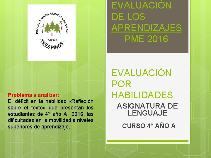 EVALUACIÓN DE LOS APRENDIZAJES PME 2016 Problema a analizar: El déficit en la habilidad