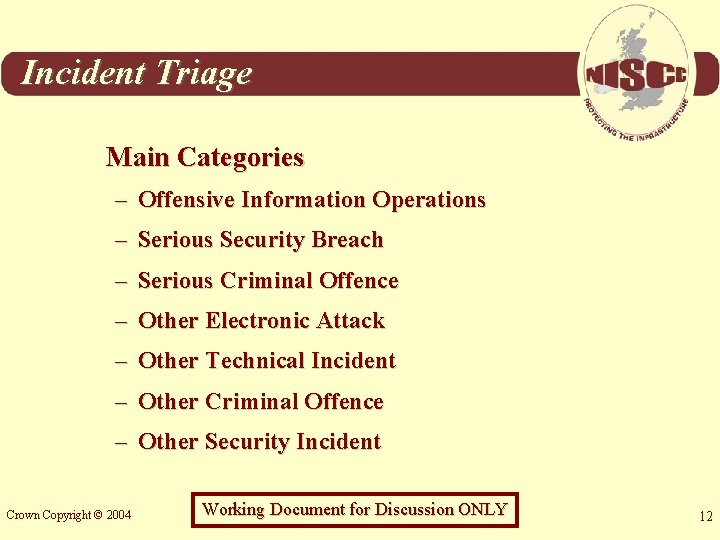 Incident Triage Main Categories – Offensive Information Operations – Serious Security Breach – Serious