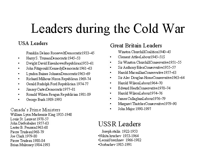 Leaders during the Cold War USA Leaders • • • Franklin Delano Roosevelt. Democratic