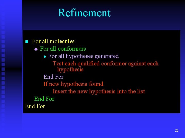 Refinement For all molecules u For all conformers t For all hypotheses generated Test