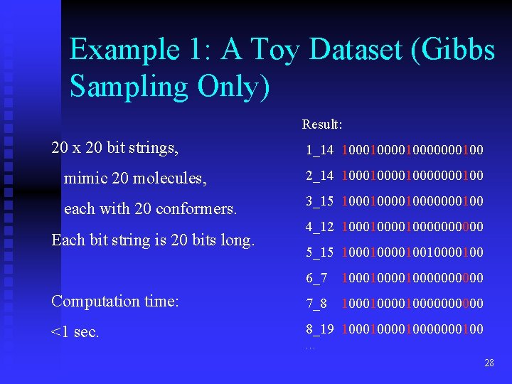 Example 1: A Toy Dataset (Gibbs Sampling Only) Result: 20 x 20 bit strings,