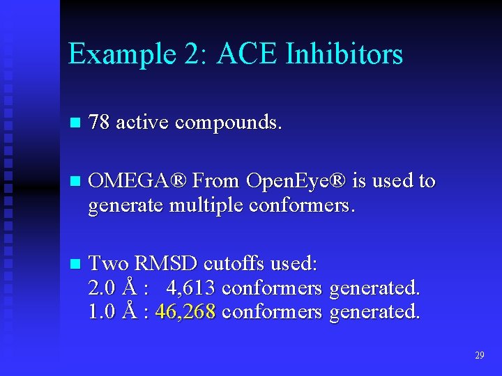 Example 2: ACE Inhibitors n 78 active compounds. n OMEGA® From Open. Eye® is